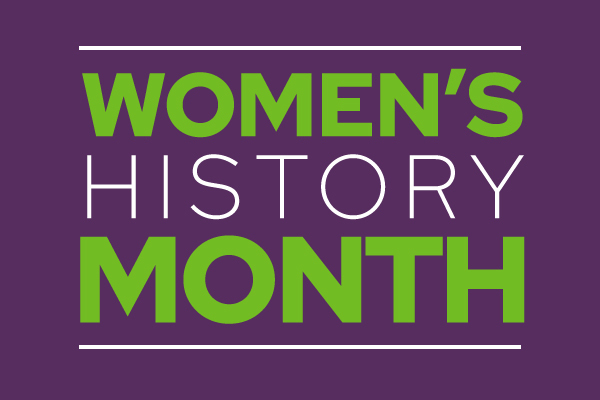 Womens History Month on a purple background.